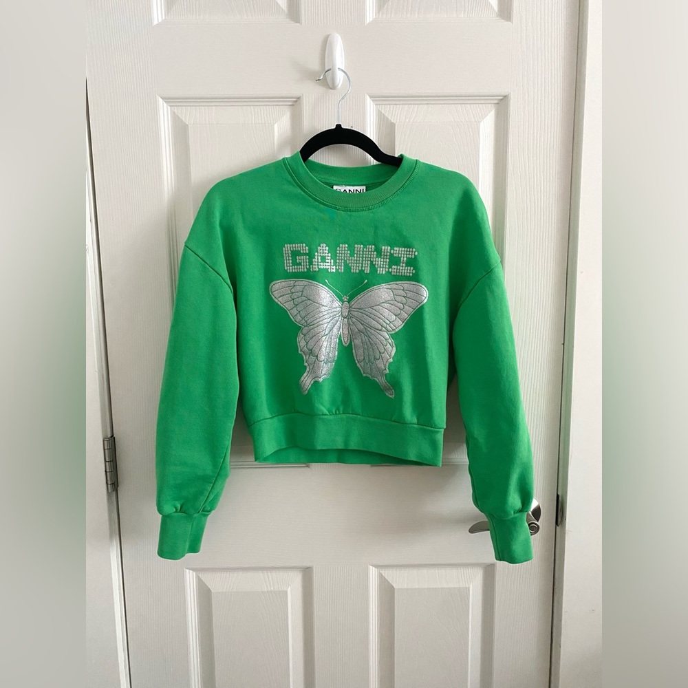 Ganni Green Rhinestone Butterfly Cropped Sweatshirt